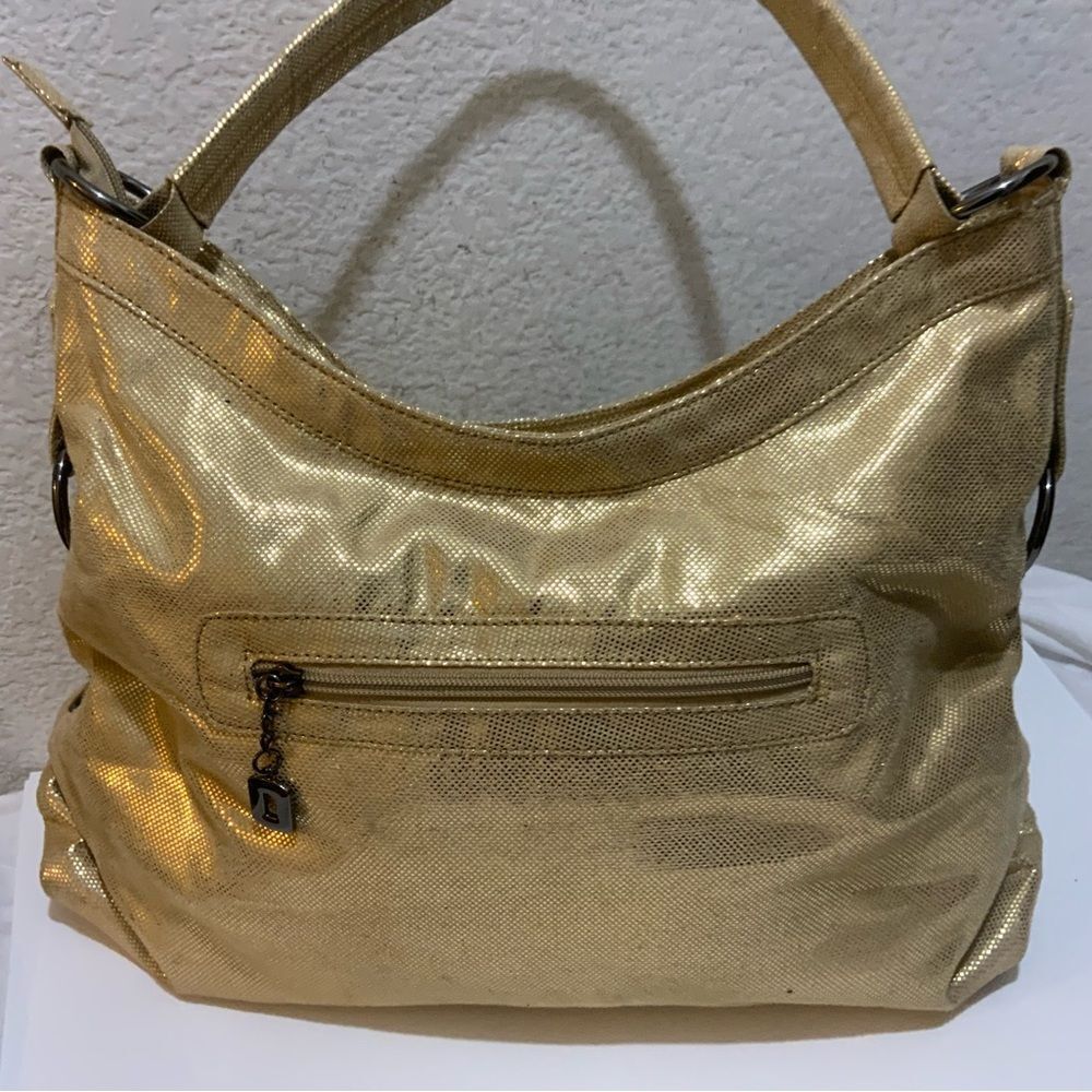 New LATIQUE purse pretty gold metallic studded shoulder bag canvas HOBO - Picture 3 of 10